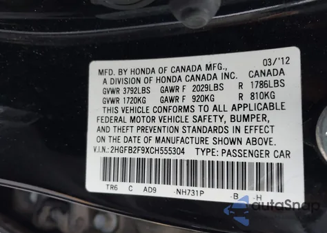2012 Honda Civic Ex-L from USA, damaged, VIN 2HGFB2F9XCH555304